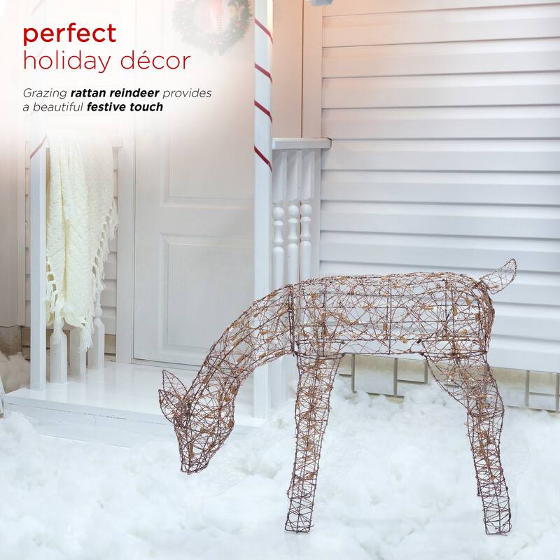 Alpine Corporation Outdoor Rattan Grazing Christmas Reindeer Lawn Decoration with White Halogen Lights