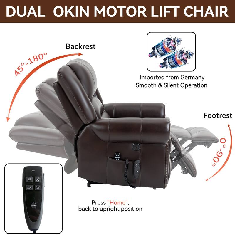 Brown Faux Leather Power Lift Recliner with Heat Massage, USB, and Infinite Recline