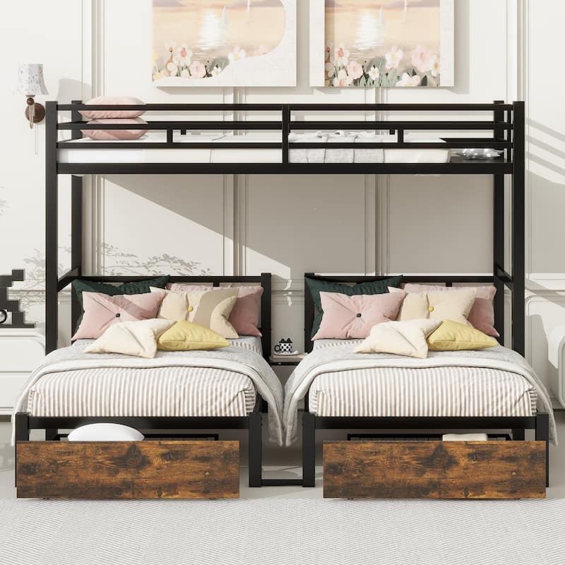 Various Sizes Metal Bunk Beds Frame with Ladder and High Guardrail, Heavy Duty Metal Bunk Beds🛍️🛒 - TWIN XL OVER TWIN OVER TWIN - BLACK