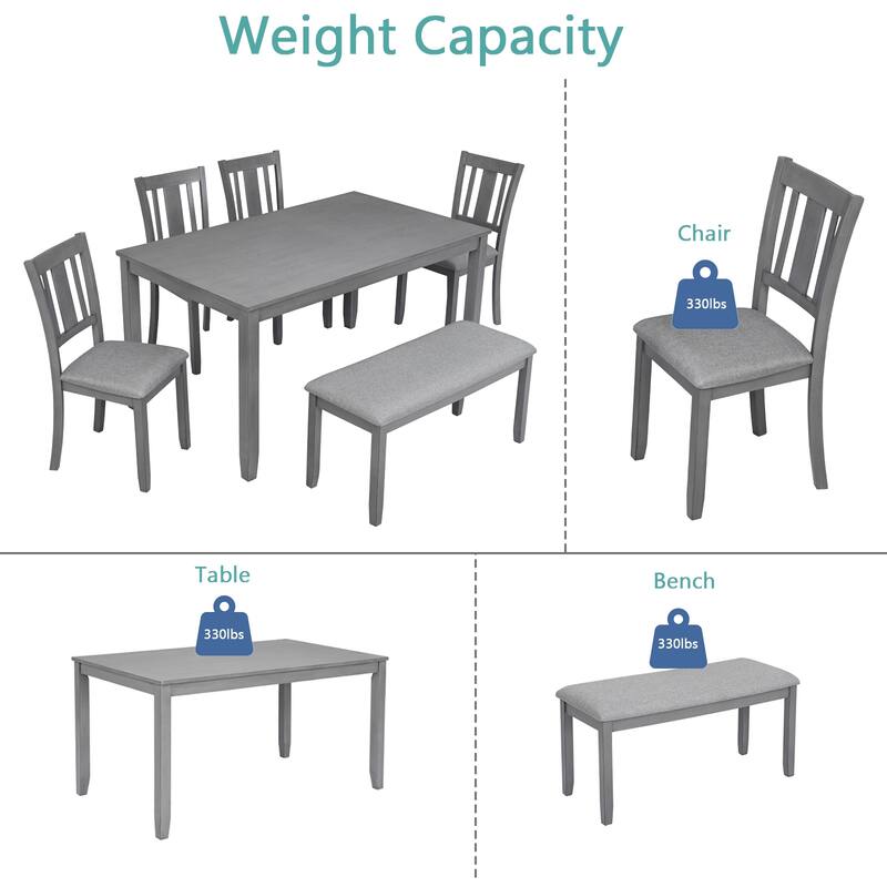 Modern Style 6-Piece Dining Set with Rectangular Wooden Table, 4 Upholstered Decorative Back Dining Chairs and Upholstered Bench