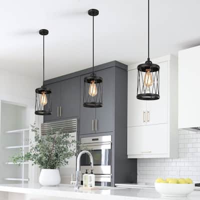 Modern Farmhouse 1-Light Black Industrial Mini Pendant Lights for Kitchen Island - 6''D x 11''H