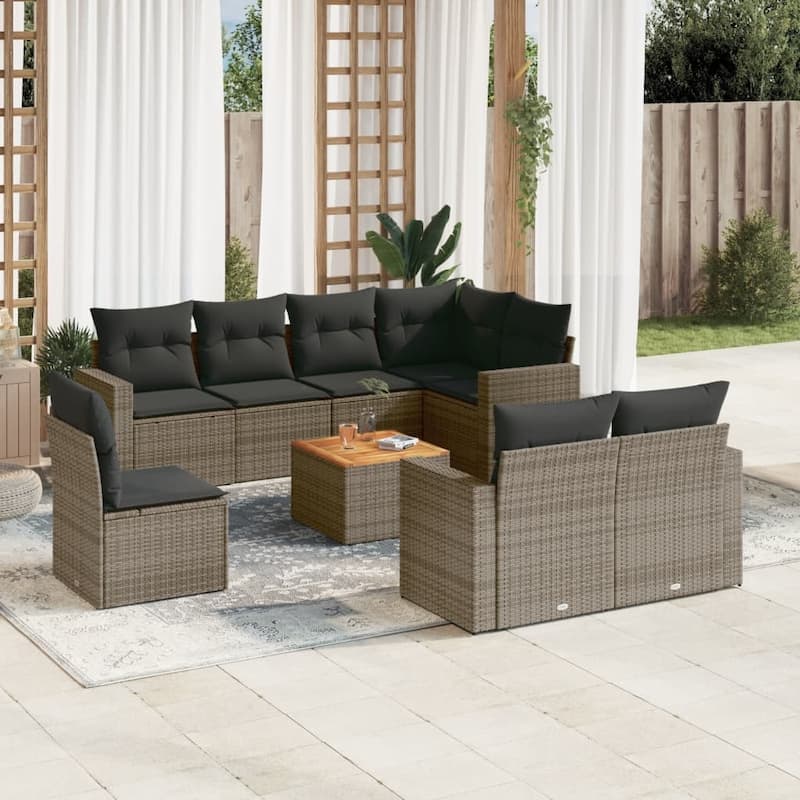 vidaXL Patio Sofa Set with Cushions Outdoor Furniture 9 Piece Poly Rattan - 21.7 x 21.7 x 14.6 - Grey-5x corner+Table+3x middle