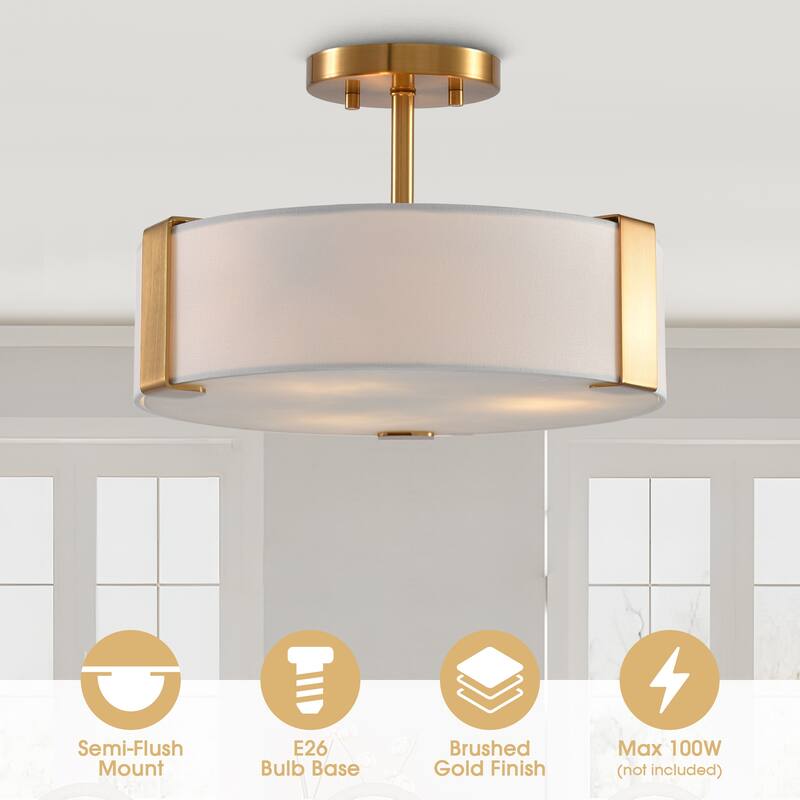 14 in. Modern Gold Drum Semi-Flush Mount Ceiling Light with Fabric Shade - 14" D x 14" W x 9.13" H
