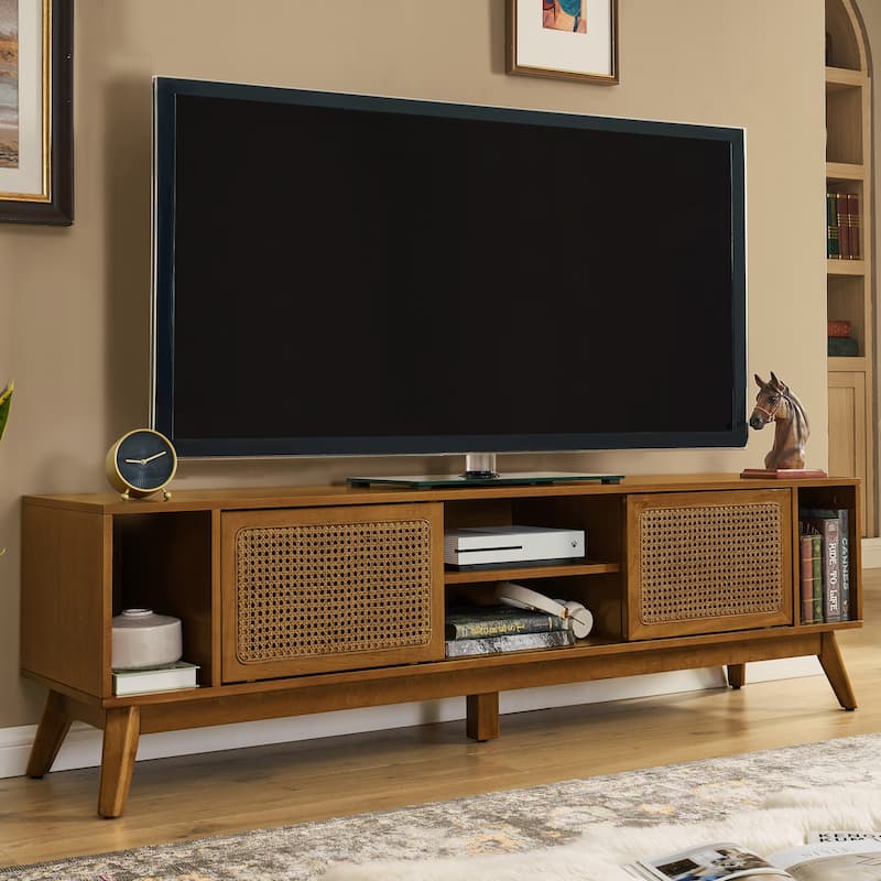 Roomfitters 67.9" Mid-Century Modern Rattan TV Stand Media Console with Storage Cabinet for 75" TVs - Light Walnut