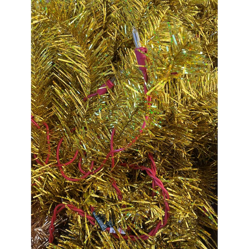 Pre-Lit Pencil Tinsel Artificial Christmas Tree - 6' - Gold - Clear Lights - Red Wire - 6 Foot