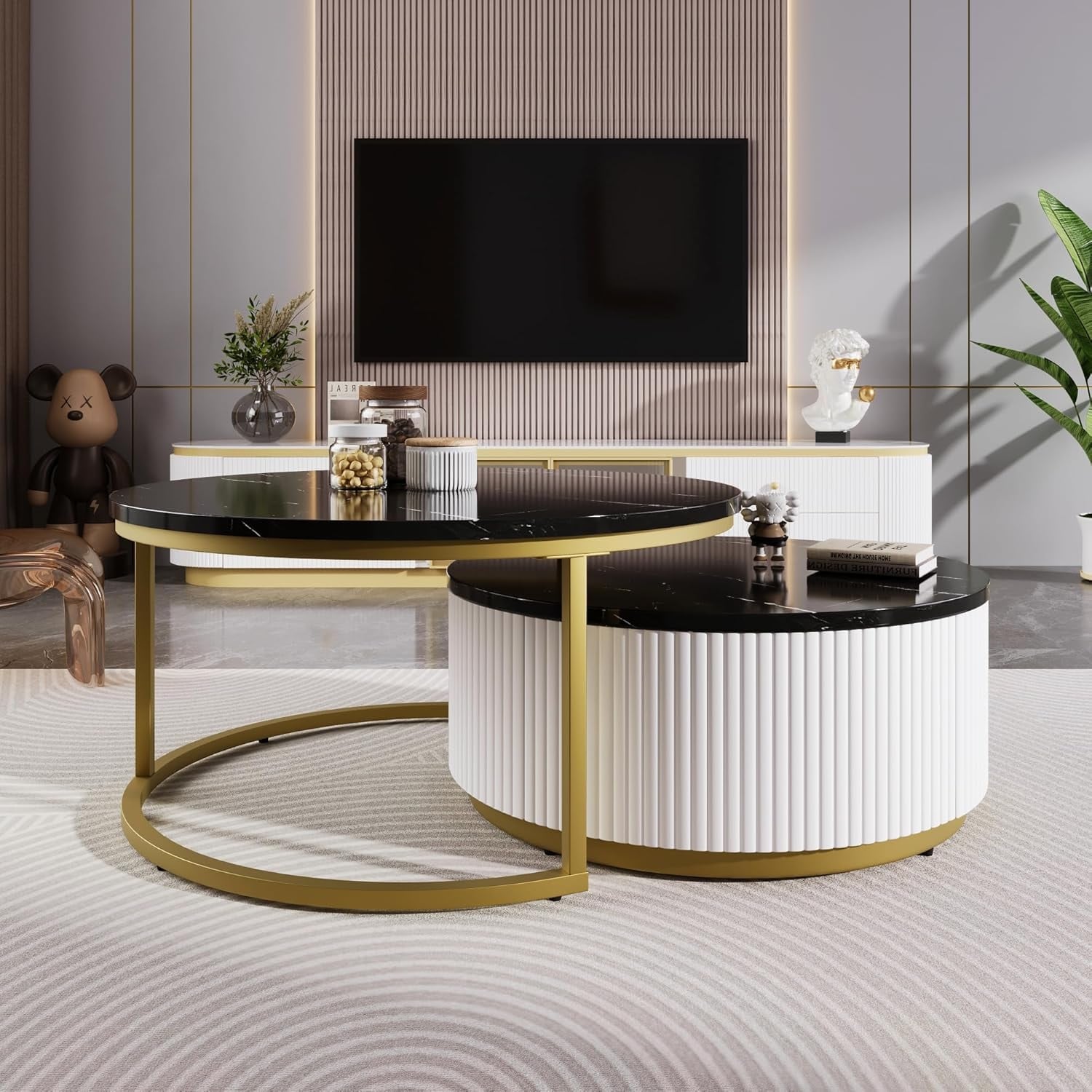Modern Round Nesting Coffee Table with Fluted Drawer, Black & Gold, 27.6"