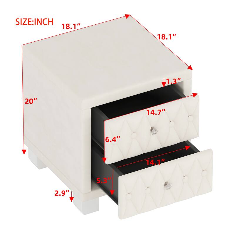 Luxury Velvet Nightstand - 2-Drawer Storage Bedside Table with Crystal Handles & Button-Tufted Design‌