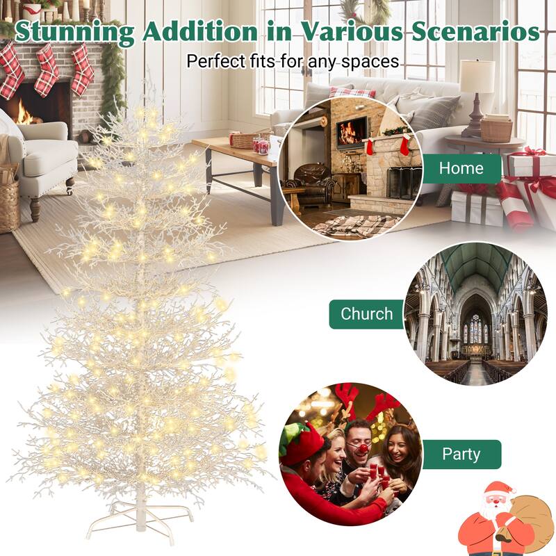 6FT Pre-lit Artificial Christmas Tree, Hinged Xmas Tree 623 Snow Flocked Branch Tips, 420 Warm Yellow LED Lights