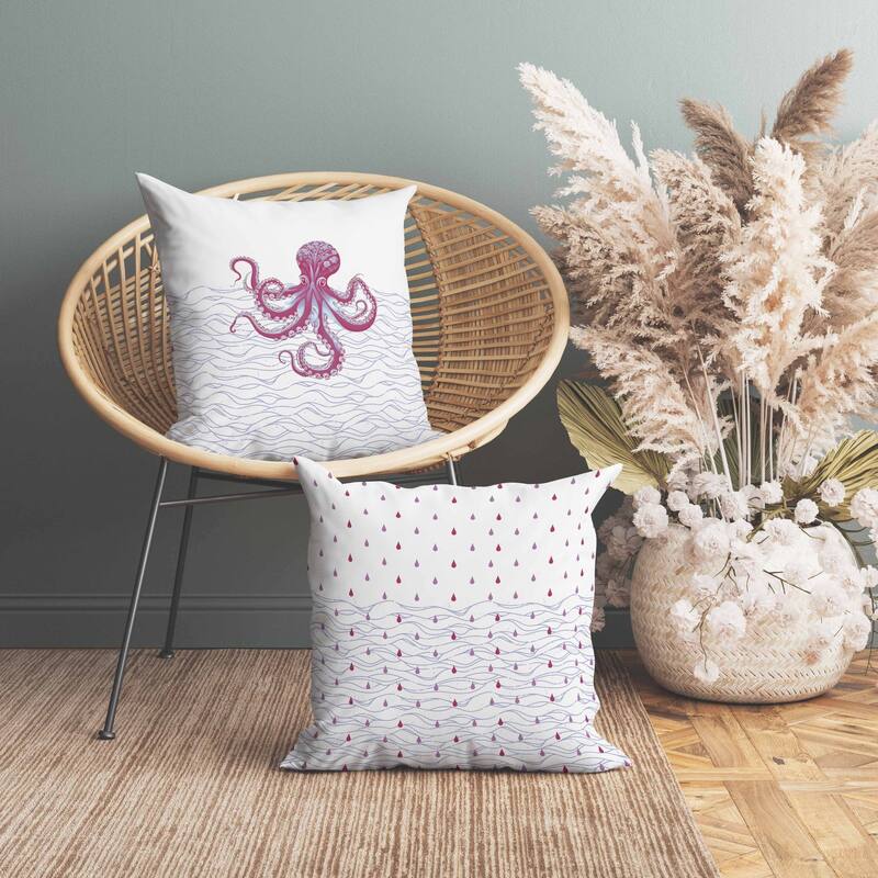 Oceanic Octo Art Faux Suede Reversible Throw Pillow White and Hotpink