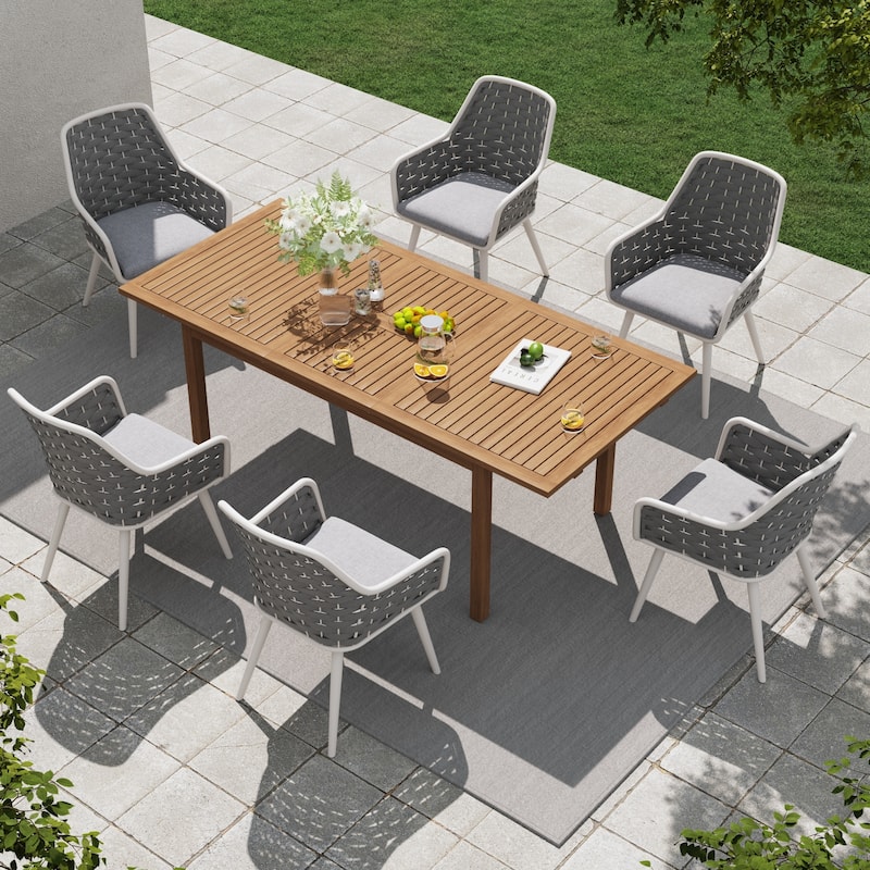 Outdoor Extendable Acacia Dining Set with 6 Rope-Back Chairs - Grey