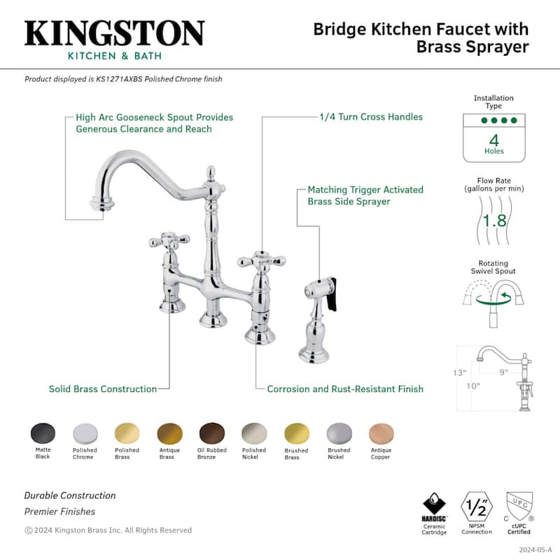 Heritage Bridge Kitchen Faucet with Brass Sprayer