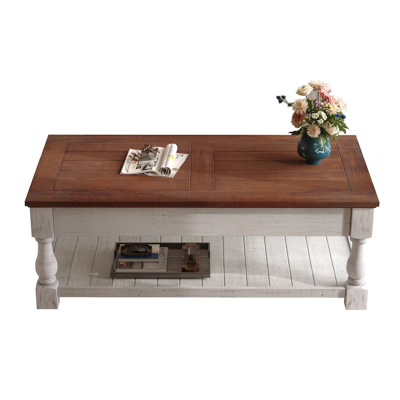Farmhouse 47.24" Lift Top Coffee Table with Storage Trays Handcrafted Solid Wood for Stylish Living Room Storage