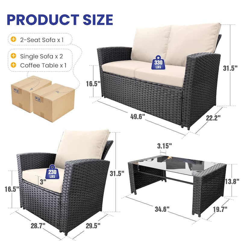 4-Piece Wicker Outdoor Sofa Set, 1 Loveseats, 2 Single Sofas, 1 Table