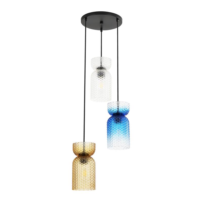 1/3-Light Modern Glam Bell-Shaped Adjustable Island Pendant Light with Clear/Blue/Amber Textured Glass