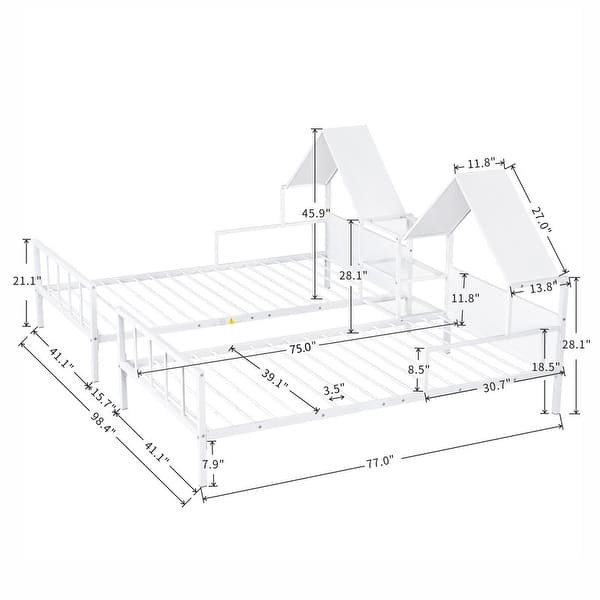 dimension image slide 0 of 2, Metal Double Twin Size Platform Bed with House-shaped Headboard and a Built-in Nightstand