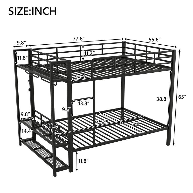 Full Over Full Size Bunk Bed with Storage Mesh Shelves and Clothes Hooks, LED Light - Metal Bed Frame with Metal Slat Support