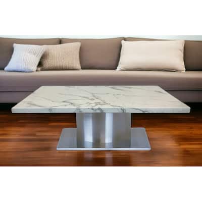 HomeRoots 51" White And Silver Genuine Marble And Stainless Steel Pedestal Coffee Table - 51' X '16' X '28