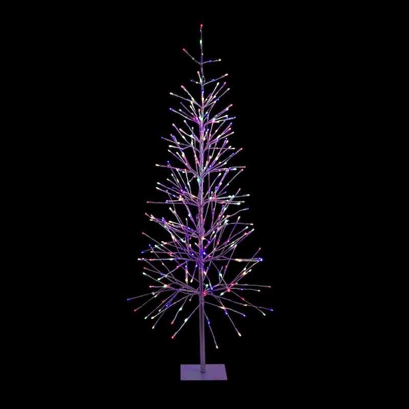 Alpine Corporation 65"H Indoor/Outdoor Pre-Lit Silver Foil Christmas Tree with Yard Stake and 360 LED Lights