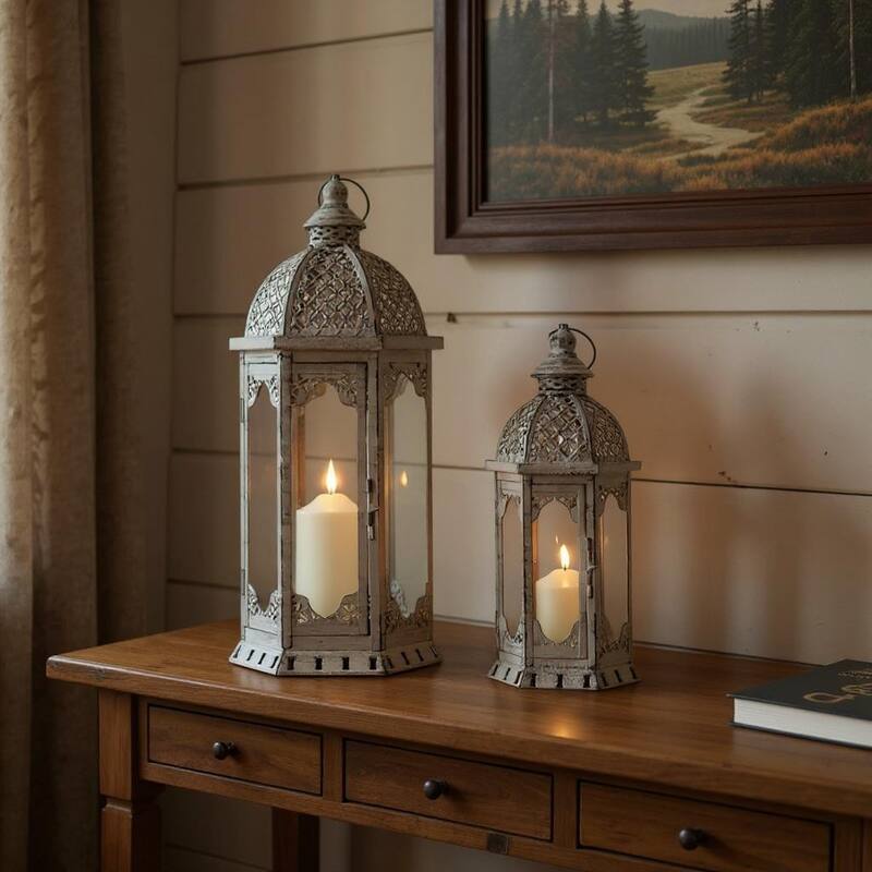 Set of Two Light Gray Distressed Ornate Metal Tabletop Lantern Candle Holders - Light Gray