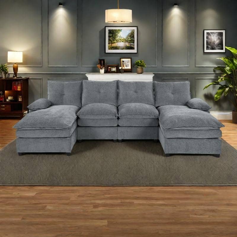 115" U-Shaped Chenille 6-Seater Sectional Sofa with Adjustable Armrest Pillows