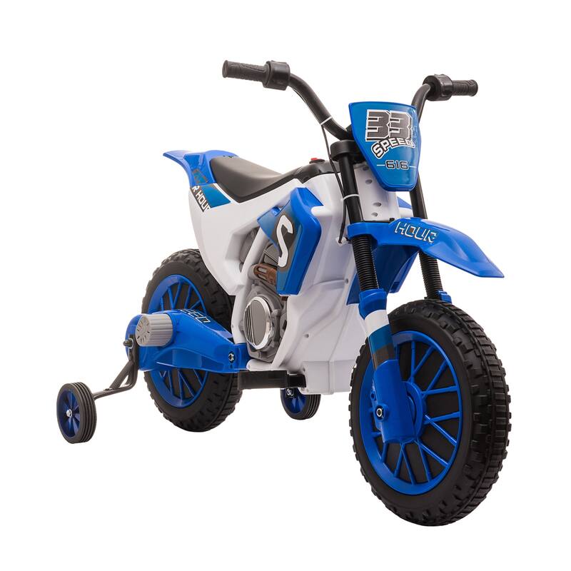 Motorcycle Dirt Bike Electric Battery-Powered Ride-On Toy Off-road Street Bike with Charging Battery, Training Wheels Blue - Blue - Assembly Required - Kids