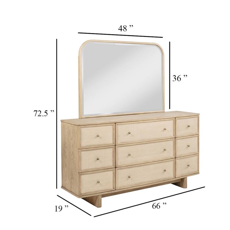 Lno Wide Dresser with Mirror, 9 Drawers, Beige Oak Wood Frame