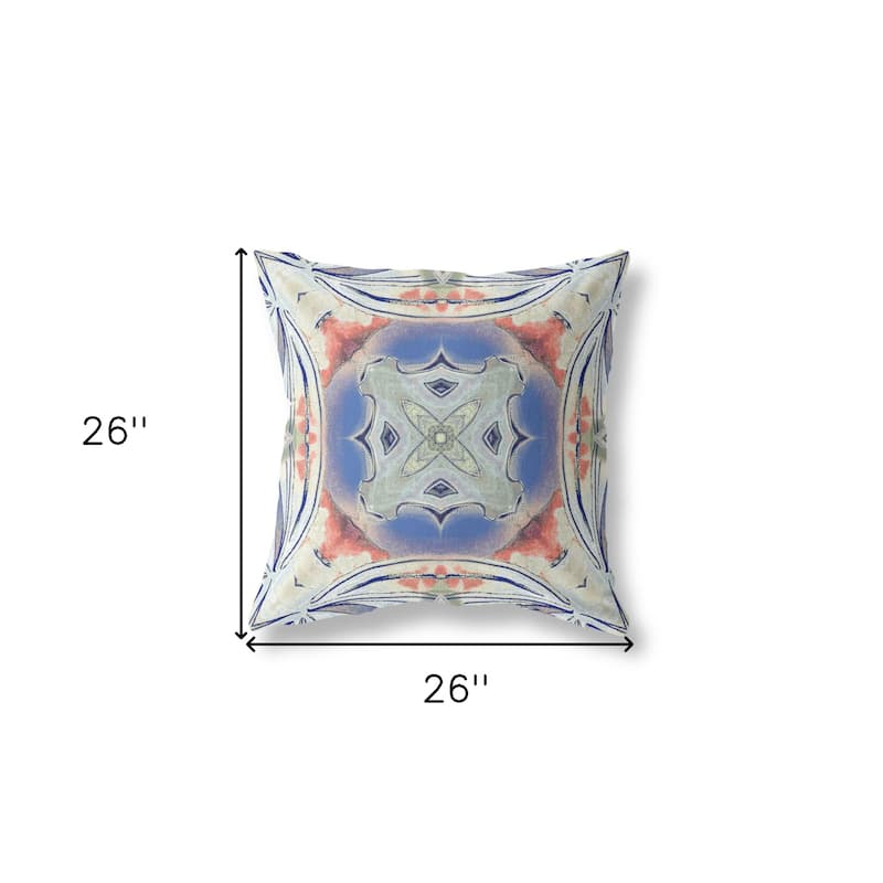 HomeRoots 26" X 26" Cream And Blue Blown Seam Geometric Indoor Outdoor Throw Pillow