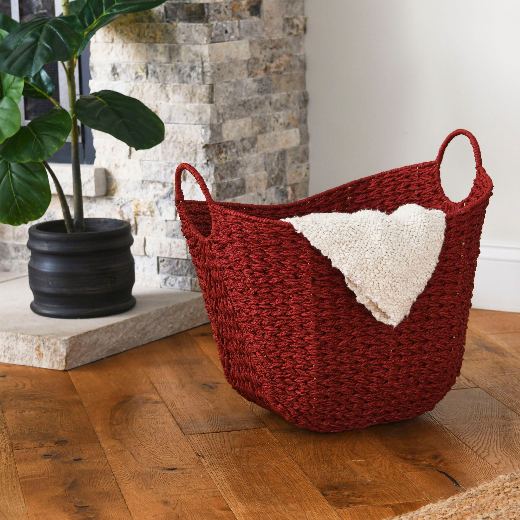 Red Paper Rope Storage Basket with Cutout Handles, Small