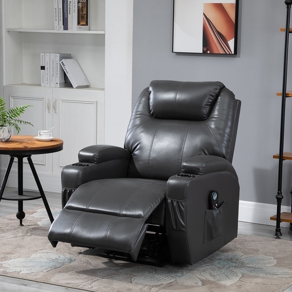 HOMCOM Electric Power Reclining Massage Sofa PU leather w/ 8-Point Vibration Waist Heating Side Storage USB Port, Dark Grey. Opens flyout.