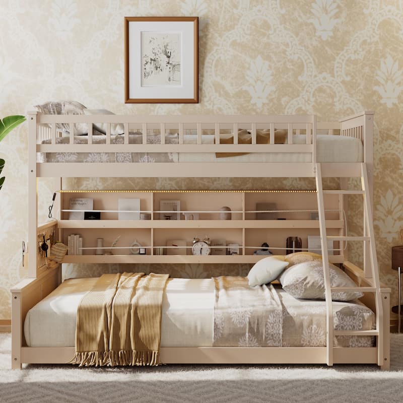 Kids Bunk Bed Frame with Integrated Shelving, Light Strip and Pegboard, Convertible into Floor Platform Bed and Low Loft Bed