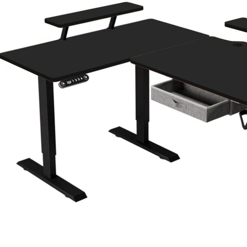 HomeRoots Adjustable Oak and Beige Wood and Metal Corner Rolling T-Shape Standing Desk