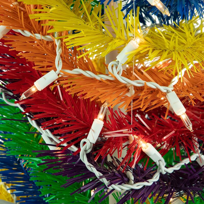 6' Rainbow Tinsel Pop-Up Artificial Christmas Tree, Clear Lights - 6 Foot