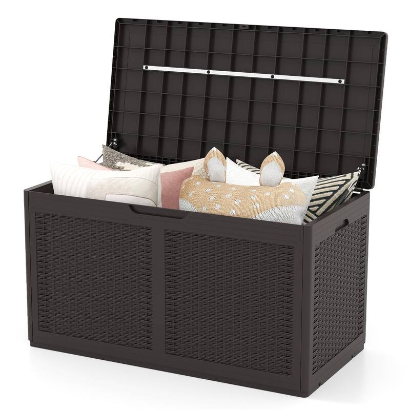 100 Gallon Outdoor Lockable Lid Deck Box with Wheels and Bench Seating for Patio Storage or Backyard Use