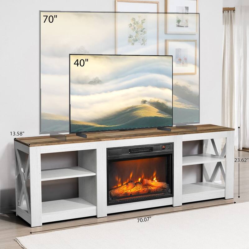 Farmhouse 70'' TV Stand For Tvs Up To 70'' With 23'' Electric Fireplace and Adjustable Shelves