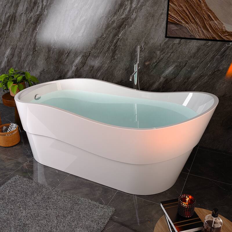 Empava 67 in. x 29.5 in. Freestanding Flat Bottom Bath Tub Soaking Bathtub with Left Drain in White