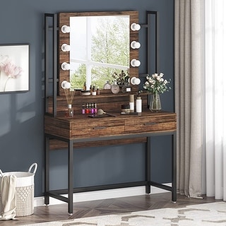 Makeup Vanity Dressing Table with Mirror, 8 Lights & 2 Drawers - 35.43"(W)*15.74"(D)*61.61"(H)