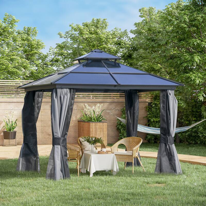 10x10 Hardtop Gazebo with Polycarbonate Roof, Aluminum Frame, Netting & Curtains for Outdoor Use