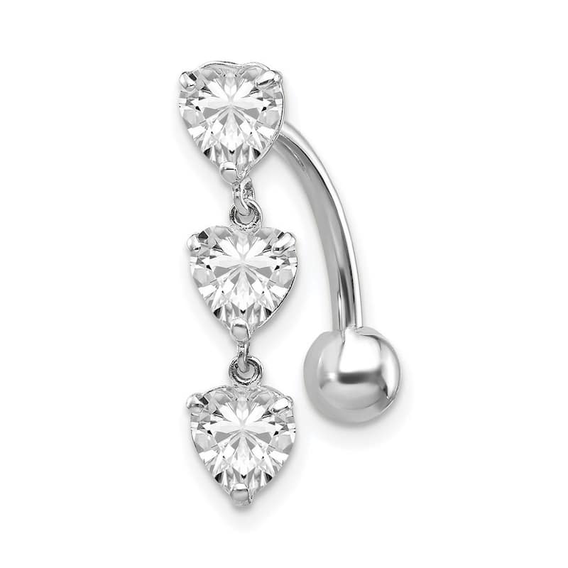 Curata Solid 10k Yellow or White Gold 14g 5mm Simulated Diamond Heart-shaped Belly Ring Dangle - 5x20mm