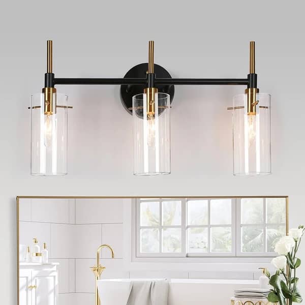 slide 2 of 22, Modern Black Gold Bathroom Vanity Light Dimmable Wall Sconces with Cylinder Glass 3-Light