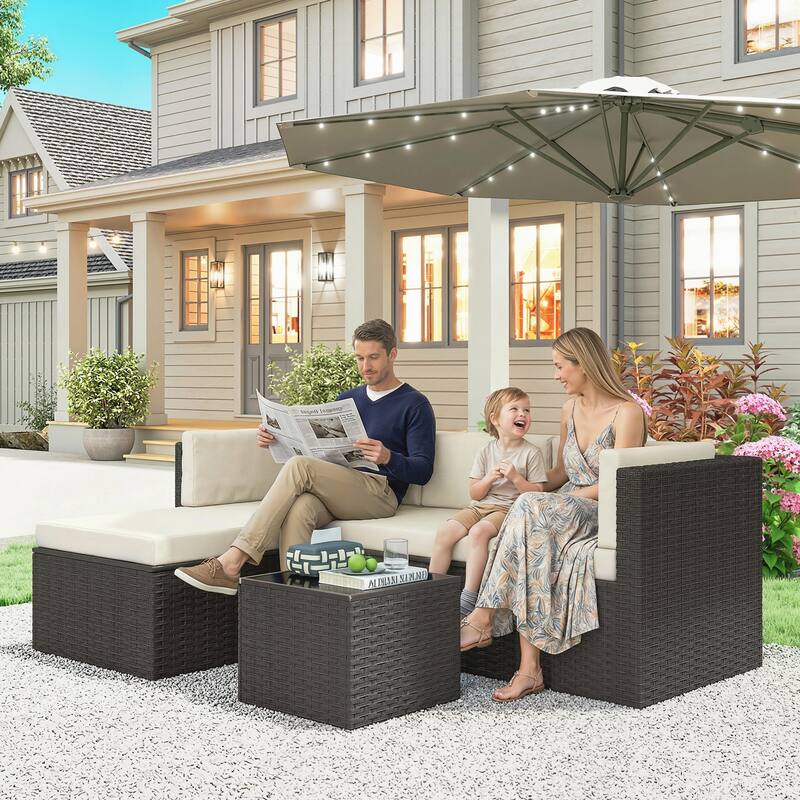 Outsunny 3 Piece Patio Furniture Set, Wicker Rattan Outdoor Patio Conversation Furniture Set with Cushions - Beige