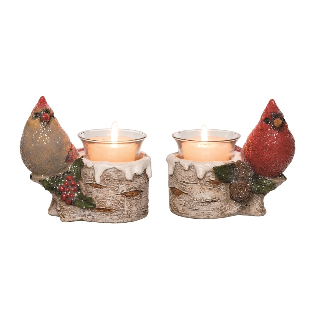 Transpac Resin Cardinal And Birch Candle Holder Set of 2 Christmas Home Decorations