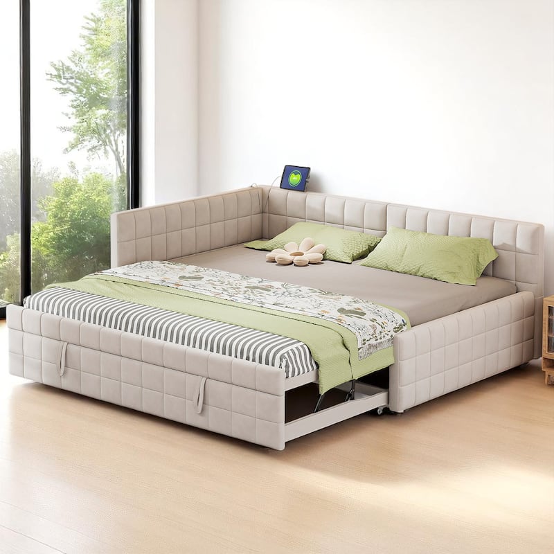 Full Size Upholstered L-Shaped Daybed with Twin Pop-Up Trundle and USB Charging Ports