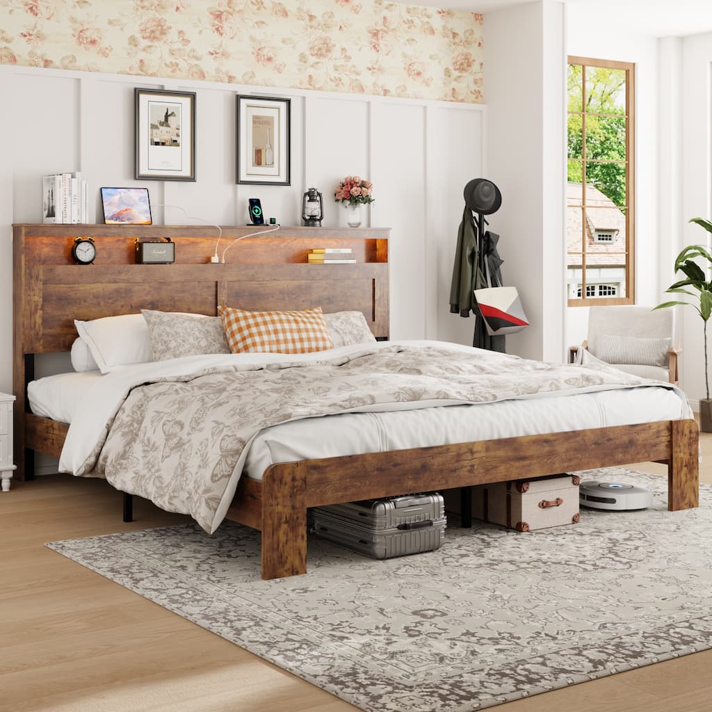 King Size Metal Platform Bed with LED Headboard Storage, 2 USB Ports, Noise-Free Design and Under-Bed Storage