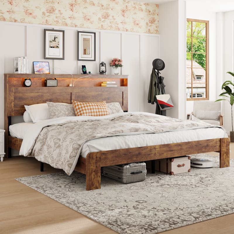 Wood Platform Bed Bed Frame with Headboard Shelf, Charging Station with 2 Outlets & 2 USB Ports, Metal Slats Support, Noise Free