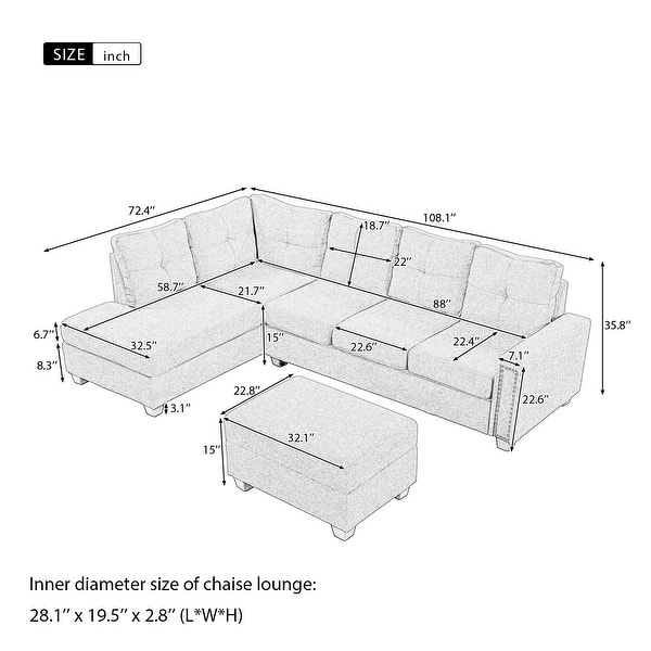 Reversible Sectional Sofa with Storage Ottoman & Cup Holder, 4 Seat