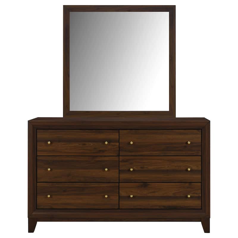 6-Drawer Walnut Dresser and Mirror Set with Warm Finish, Smooth Glide Drawers, and Contemporary Bedroom Style