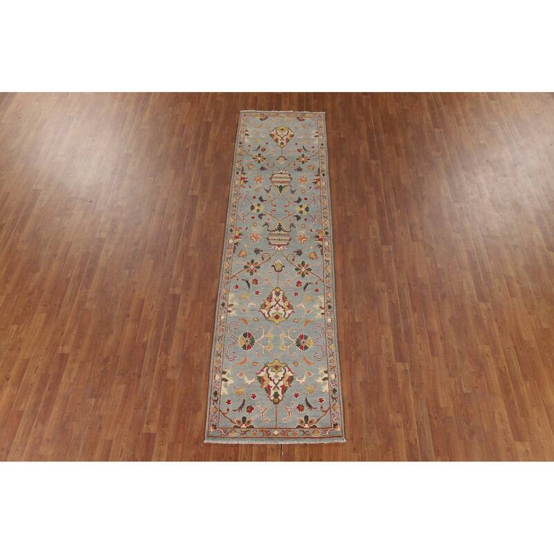 Light Blue Oushak Oriental Runner Rug Handmade Wool Carpet - 2'9" x 10'5"