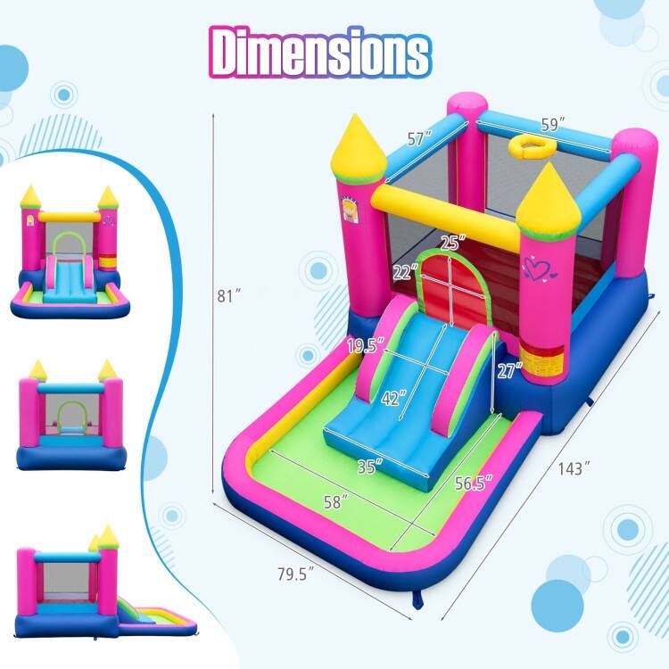 Princess-Themed Inflatable Bounce House for Kids 4-in-1 Bouncy Castle with Slide - 143" x 79.5" x 81"