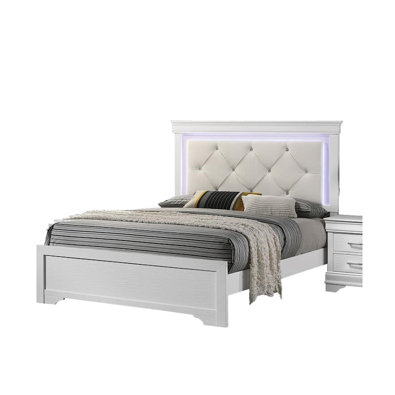 Queen Size Tufted LED Headboard Bed with Faux Leather and Diamond Design