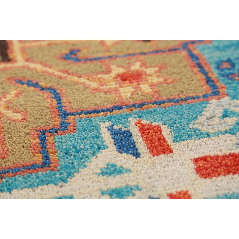 Hand Knotted Oriental 100% Wool Carpet Traditional Geometric Navy Blue & Blues Kazak Runner Rug - 8' 1'' X 2' 7''